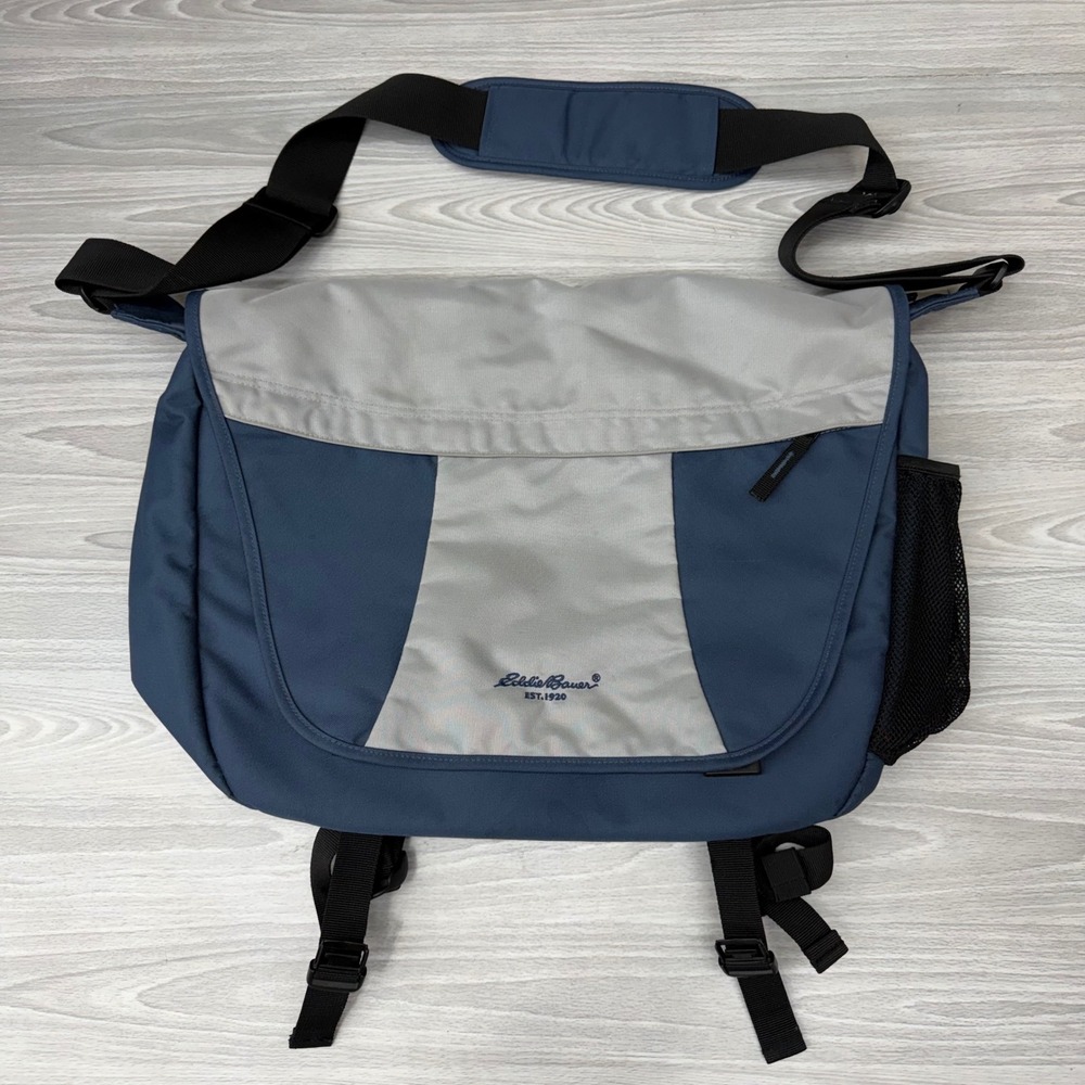 Eddie Bauer Messenger Bag Blue Grey Canvas Crossbody Laptop Travel Commuter Bag